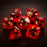 Faceted Red Glass Dice Set – Handcrafted K9 Crystal RPG Dice with Golden Engravings for Dungeons & Dragons & Collectors